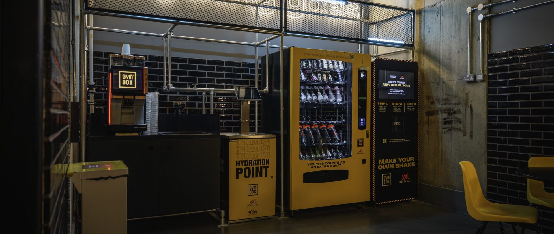 GYMBOX FARRINGDON, SOCIAL WALL WITH FREE COFFEEE, PROTEIN AND VITAMIN WATER